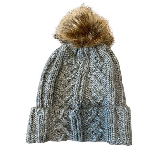 Cable Knit Winter Hat Pom Pom Beanie Faux Fur Fuzzy - Picture 1 of 7